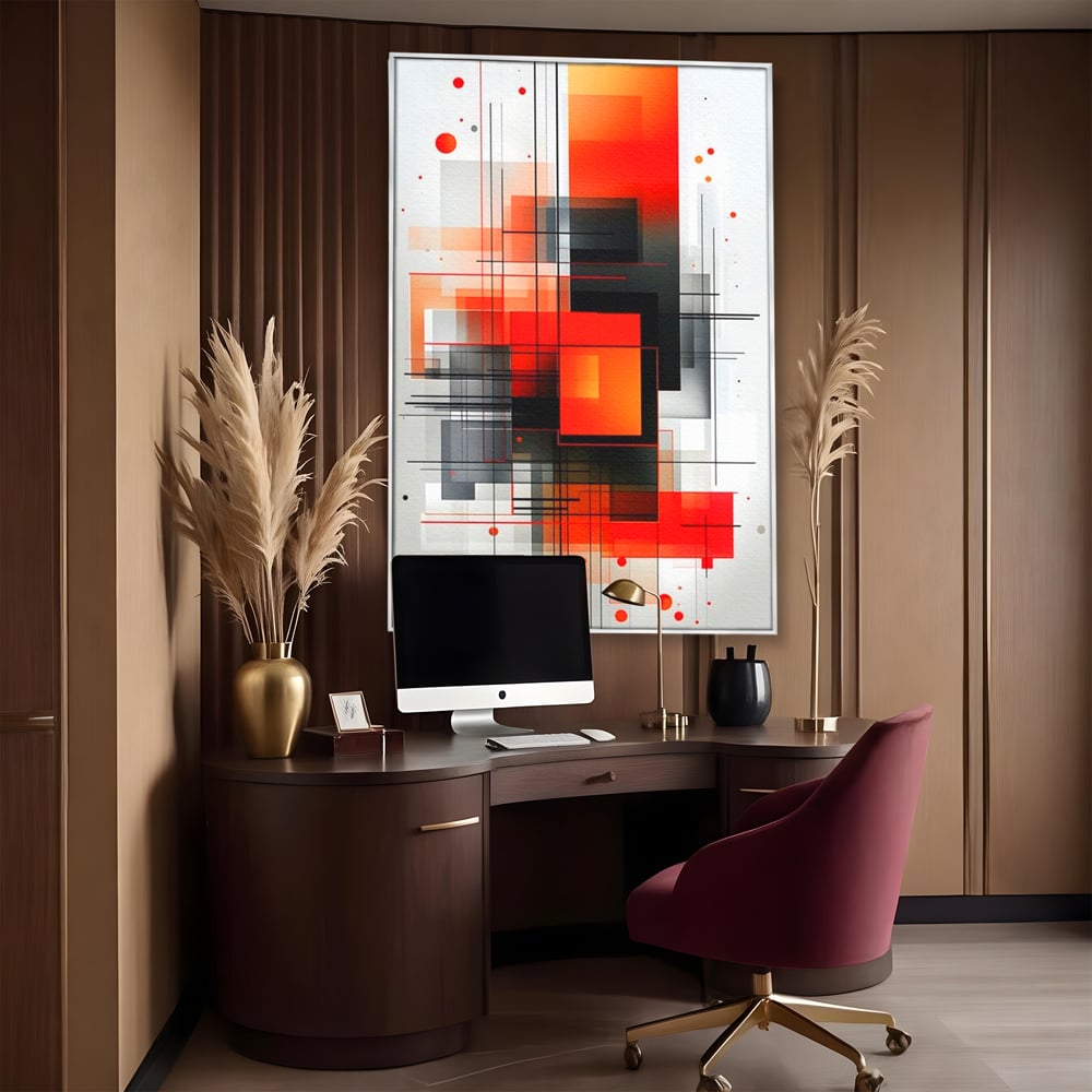 Tablou canvas cu tablou abstract vertical cu linii si forme rosii, in rama de aluminiu argintiu, pe perete intr-un birou
